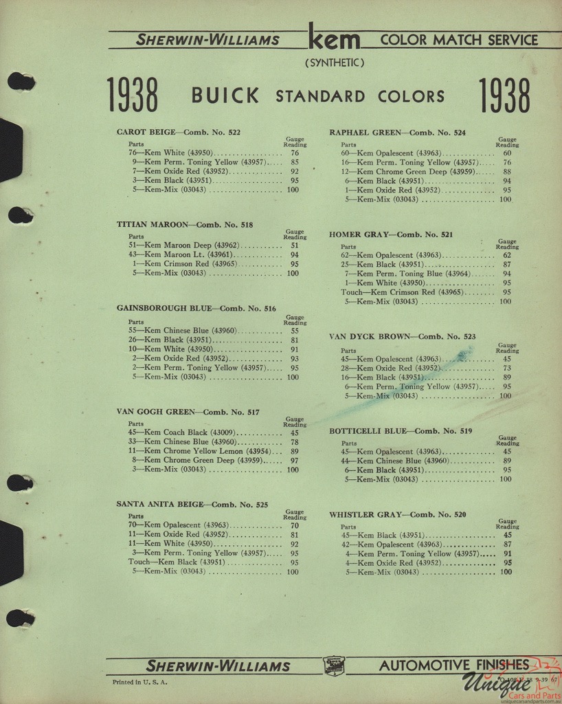 1938 Buick Paint Charts Williams 3